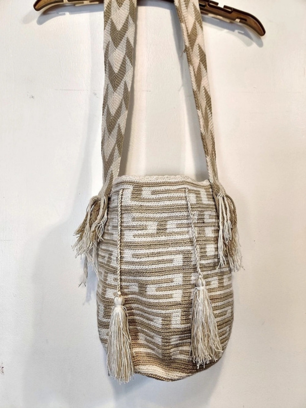 Myra Bag Geometric Woven Tassel Shoulder Bag in Beige & White